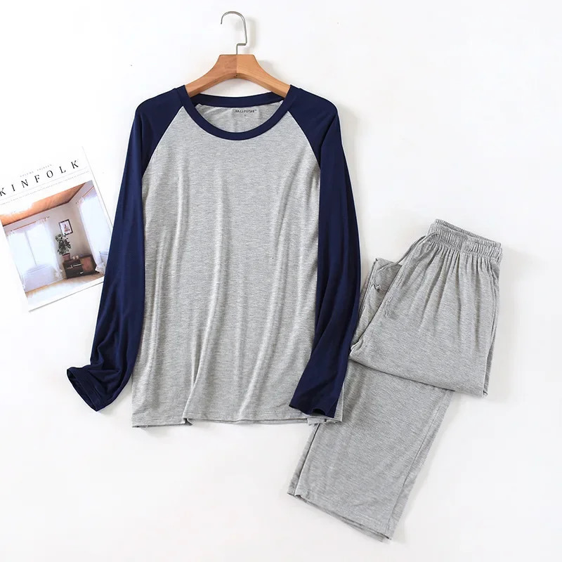 Spring and summer mens modal longsleeved trousers pajamas set splicing large size sports home service suit spring and autumn 251021