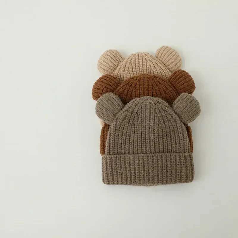 Sweet Warm Bear Beanie for Toddler Boy Girl Beige Coffee Color Cartoon Bear Ear Crochet Bonnet Autumn Warm Winter Knitted Hat J251021