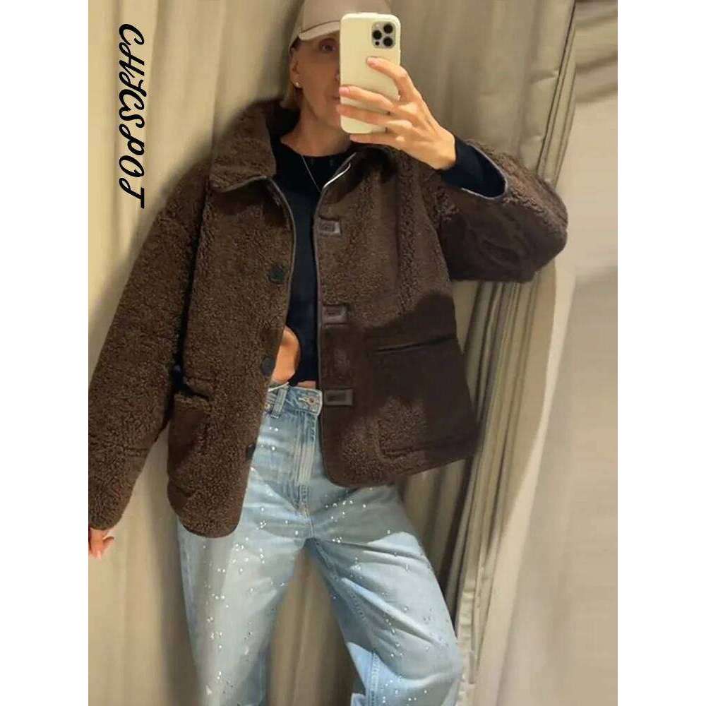 Women's Bomber Jacket Lapel Single Breasted Faux Fur Leather Reversible Winter Coat Fashion Lady Pocket Designer Loose Outerwear