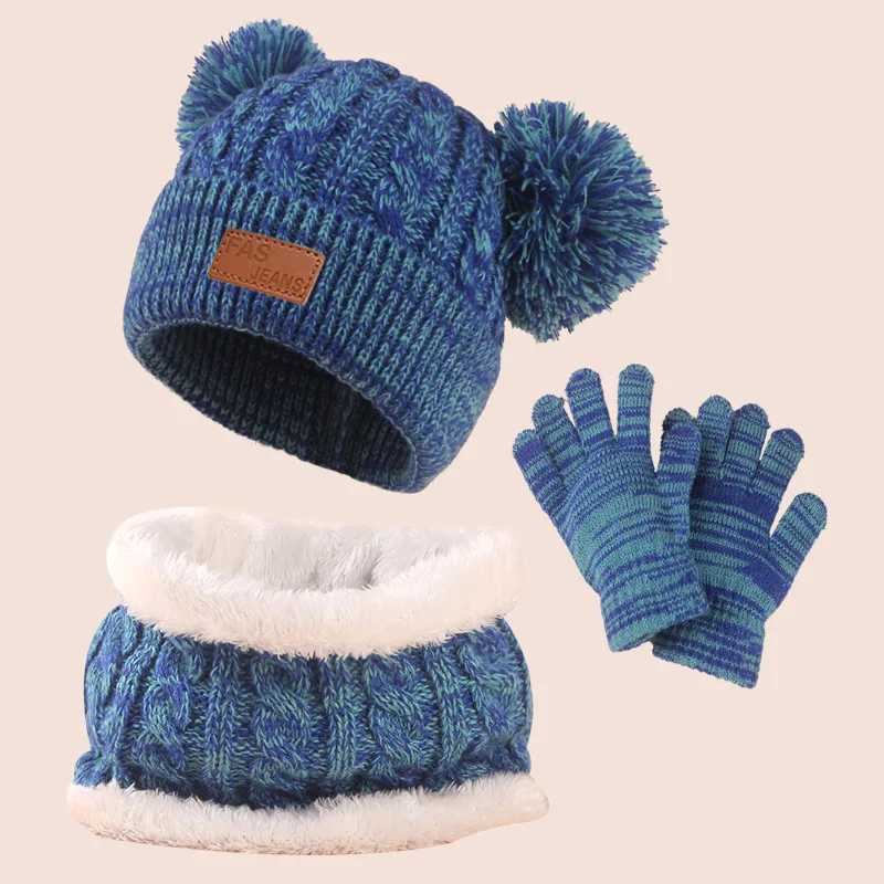 3pc312Y childrens cap scarf gloves autumn and winter threepiece set warm and fluffy scarf mixedcolor cap J251021