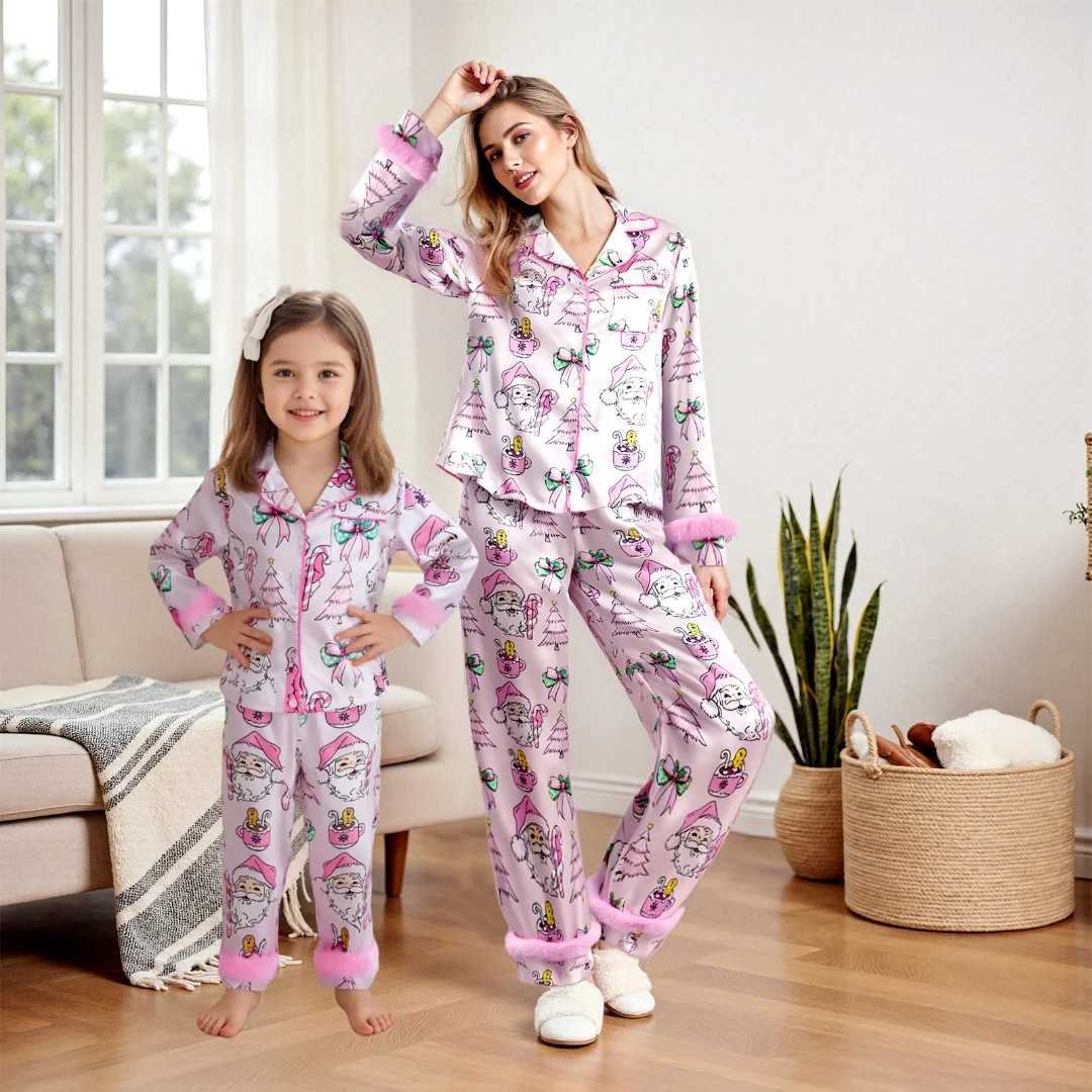 Mommy and Me Matching Pajamas Santa Tree Print Button Down Long Sleeve Lapel Tops Pants Family Sleepwear L251021M9U3