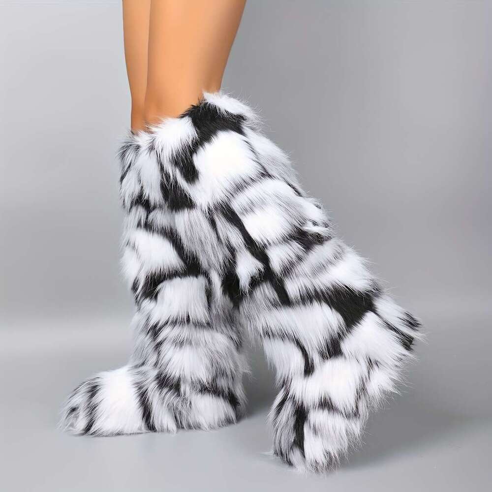 Ultra-Soft Women's Faux Snow | Warm Knee-High Fur-Lined Boots With Non-Slip TPR Sole, Black White Zebra Stripe Pattern, Microfiber Lining & Plush