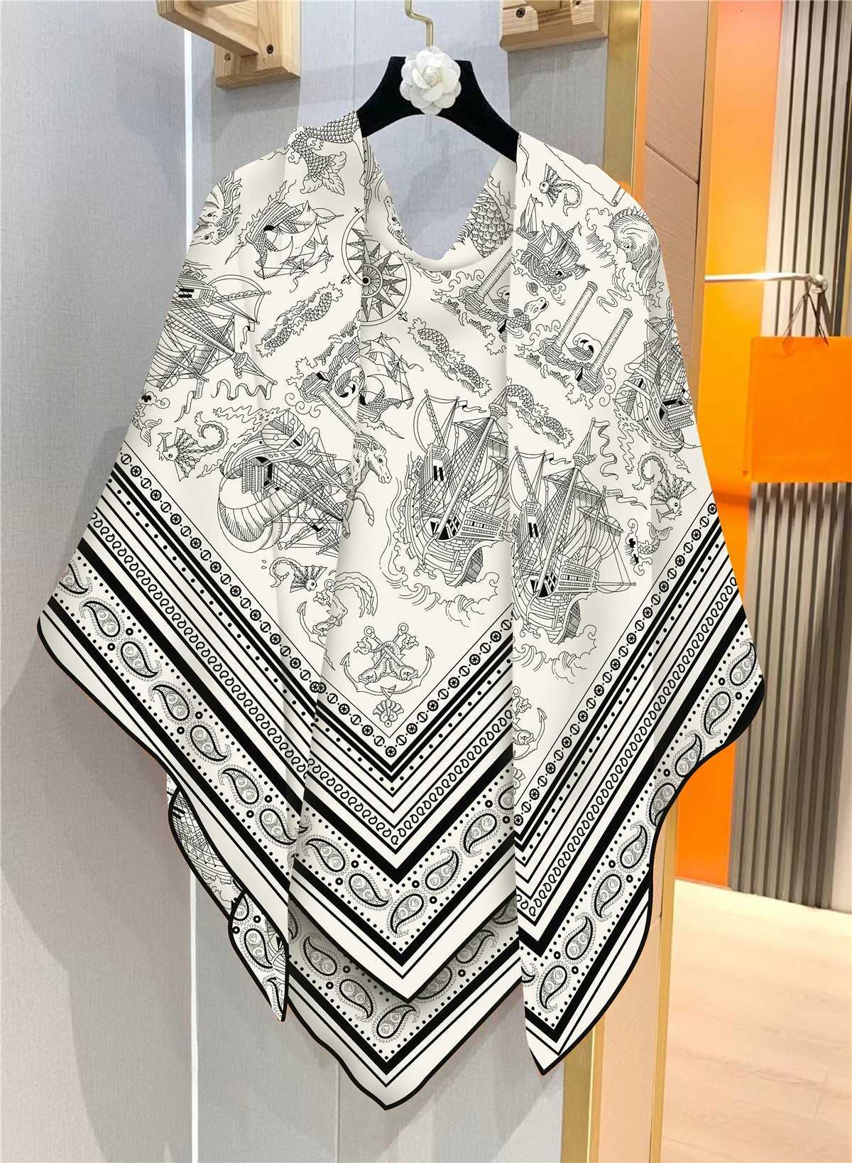 130CM Silk Cashmere Scarf Women Hand Rolled Shawls Sailing Cashews Print Square Scarves Wraps Lady Bandana Big Hijabs W251021