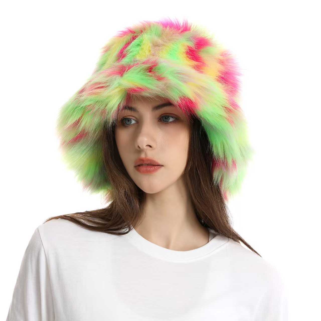 Plush Fisherman Hat for Women Winter Imitation Fox Fur Colorful Fashionable Warm Faux Fur Hat H251020