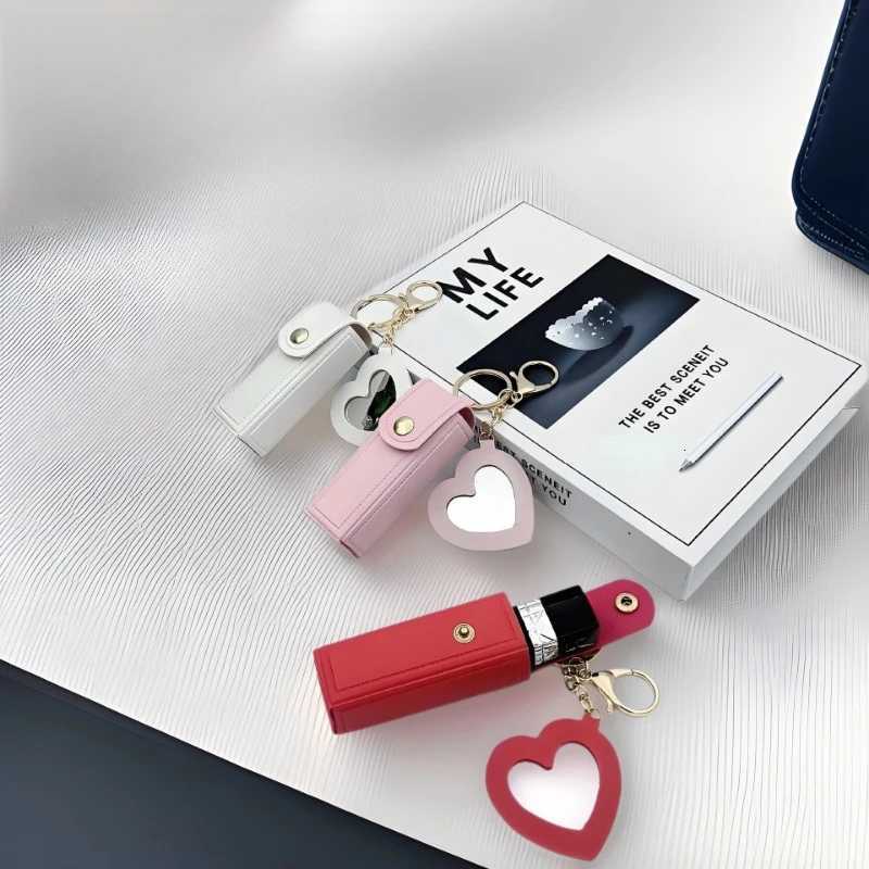 Portable leather lipstick wrap makeup bag lip balm pack key chain holder lipstick protective cover with mirror W251021