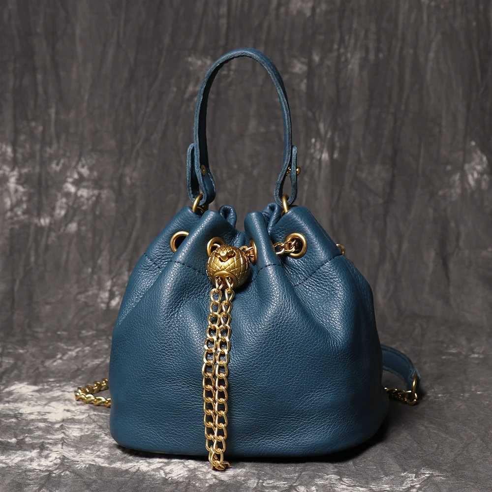 LUOKIR New Metal Drawstring Versatile Womens Handbag Genuine Leather Chain Crossbody Bag Vintage Bucket Bag Mobile Phone BagW251021