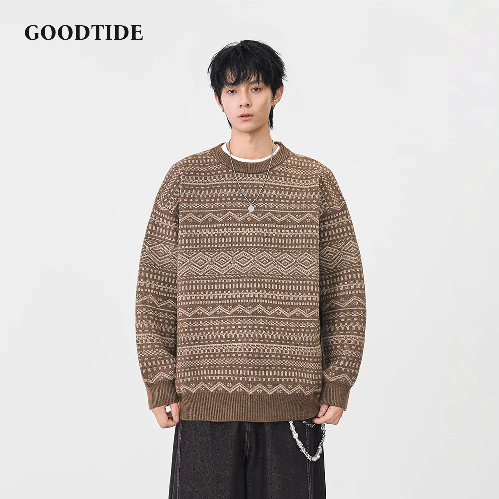 Fashion Mens Casual Crew Neck Sweater 2025 Winter Ethnic Pattern Knitted Pullover Comfortable Soft Long Sleeve Jumper Top 251020