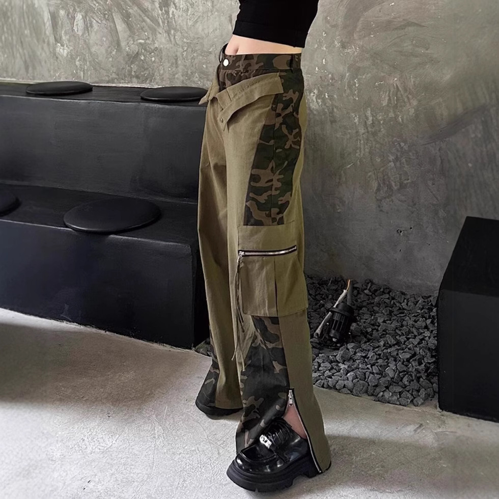 2025 American designer high waisted work pants fake two-piece set luxury pants patchwork leopard print jeans camouflage pants street hip-hop straight 