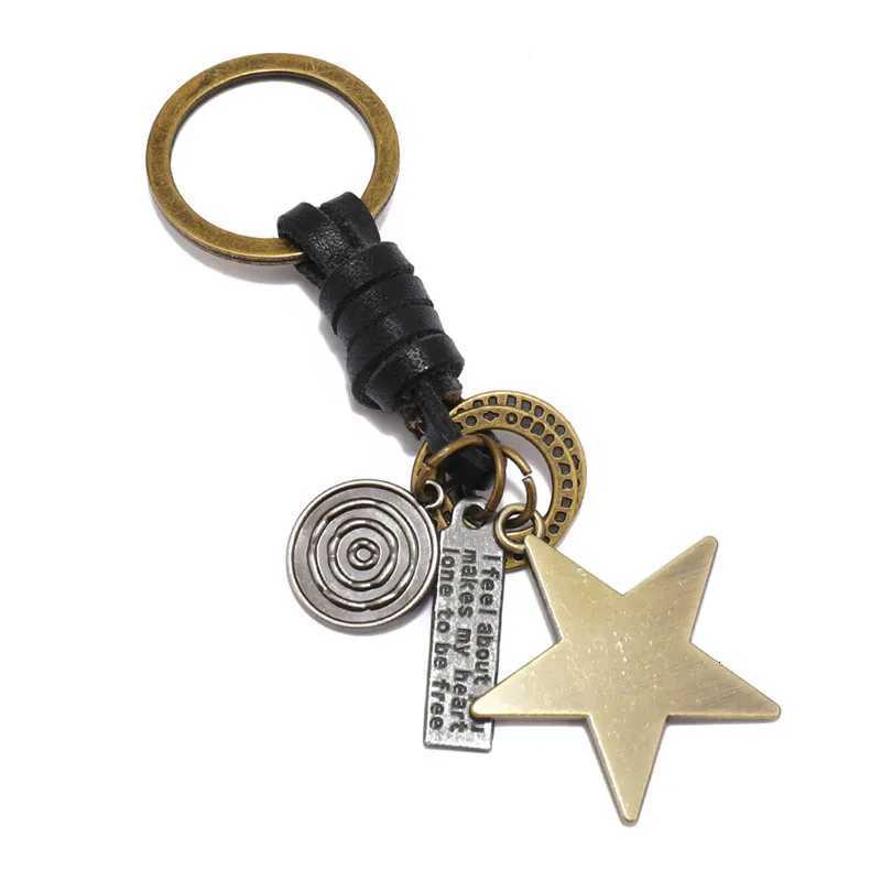 LETAPI Black Brown Leather Keychain for Men Punk Vintage Metal Star Pendant Car Key Accessories Jewelry Gifts W251021