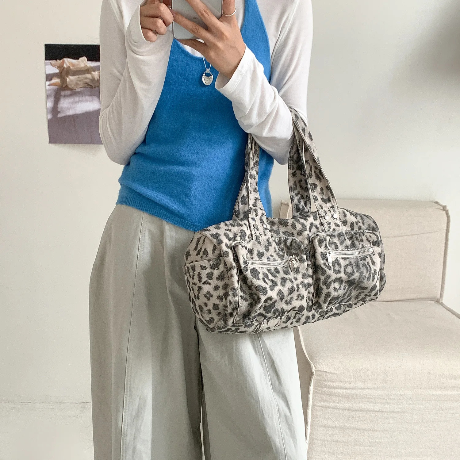Large Capacity Leopard Print Shoulder Bag Y2K Vintage Underarm Purse for Women Lazy Style Casual Tote Bag 251015