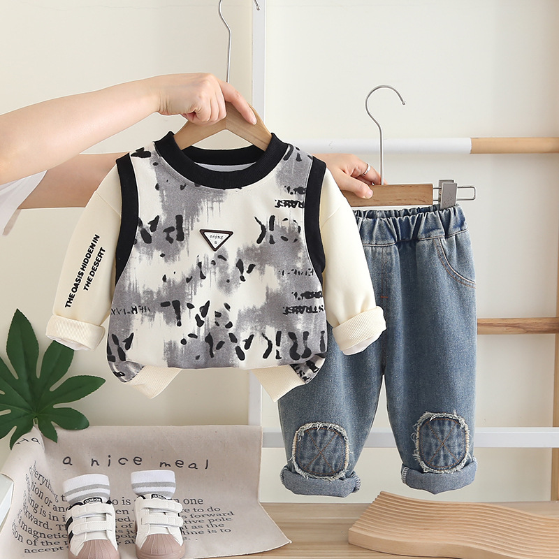 Free Shipping Warm Kids Clothing 2025 Trendy Kids Outfit with Layered Look, Fake Two-Piece Set for Boys & Girls, Stylish Spring Autumn Fashion