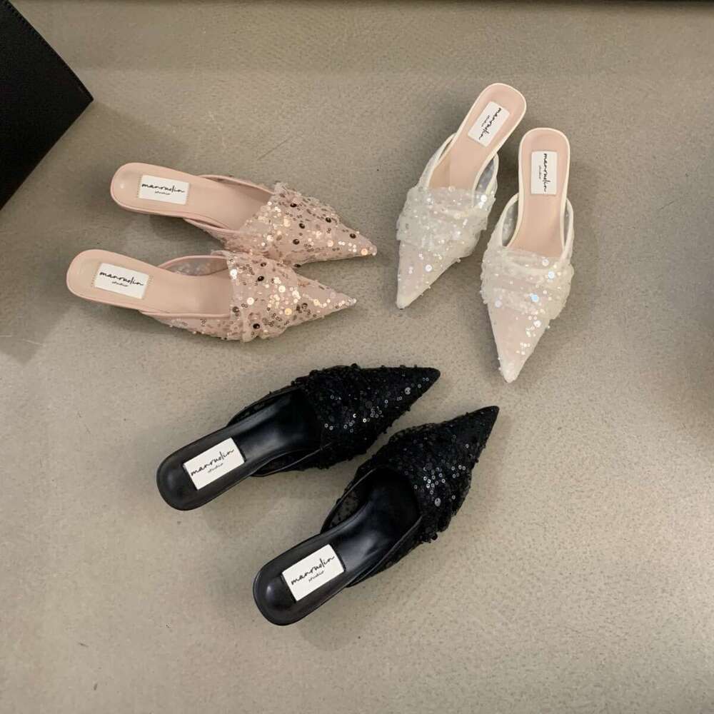 Pointed Toe Shallow Mouth Mules 2025 Spring New Women's Designer Lace Hollow Shoes Thin Mid Heel & Versatile for Outdoor Wear