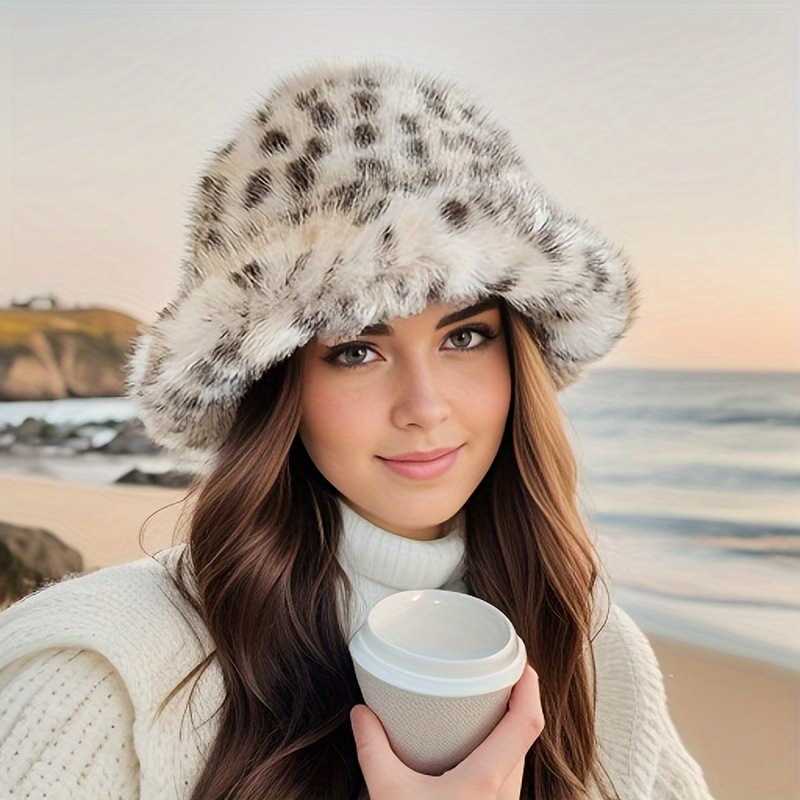 Style Leopard Print Plush Fisherman Hat for Women Autumn and Winter Slimming Niche Fluffy Warm Ear Protection Bucket Hat H251020