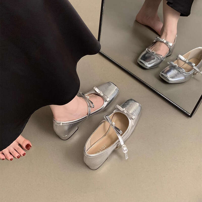 Designer Shoe Silk Satin Silver Single for Women New Bowknot French Style Elegant Fairy Dress with Chunky Heels Mary Jane Shoes