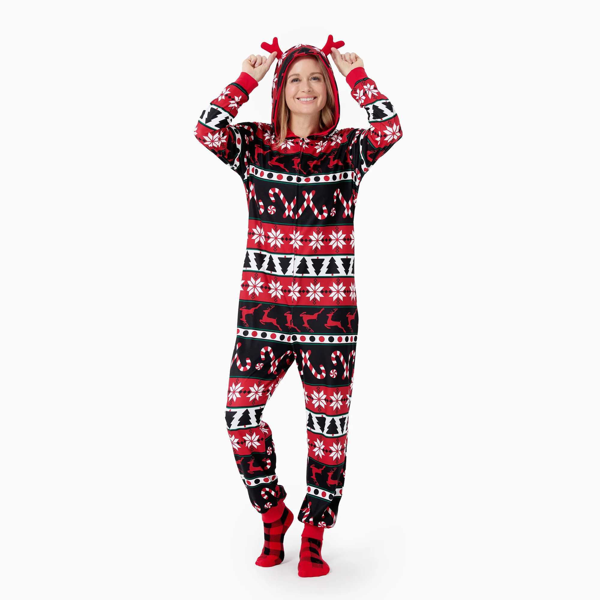 Christmas Family Pajamas 3D Reindeer Pattern Zip Up Hooded Onesie Matching Set L251021A496