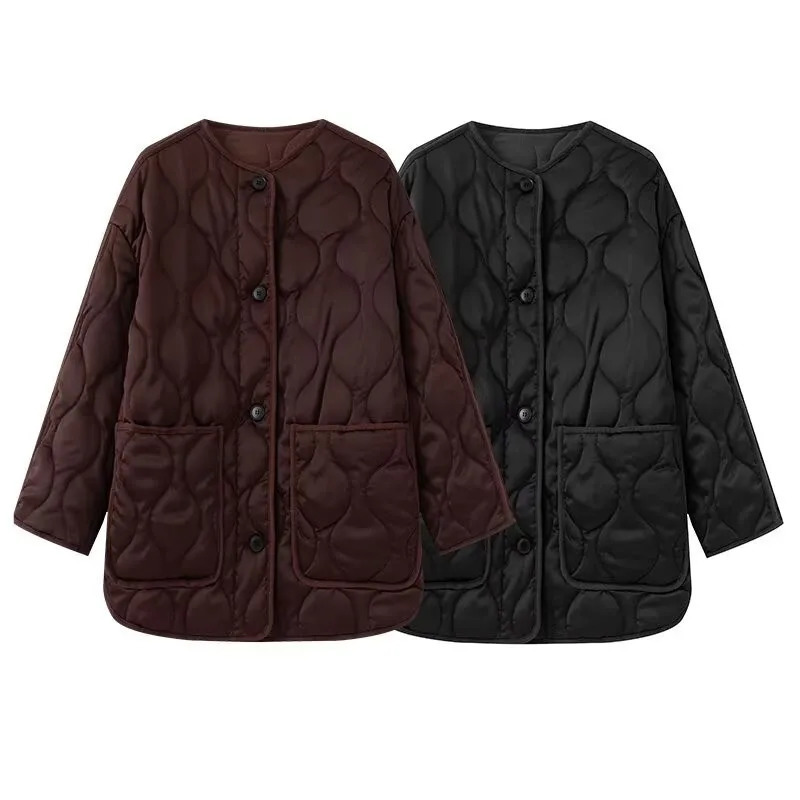 Autumn Womens Solid Color Retro Large Pocket Round Neck Long Sleeve Loose Quilted Cotton Jacket Coat 251017