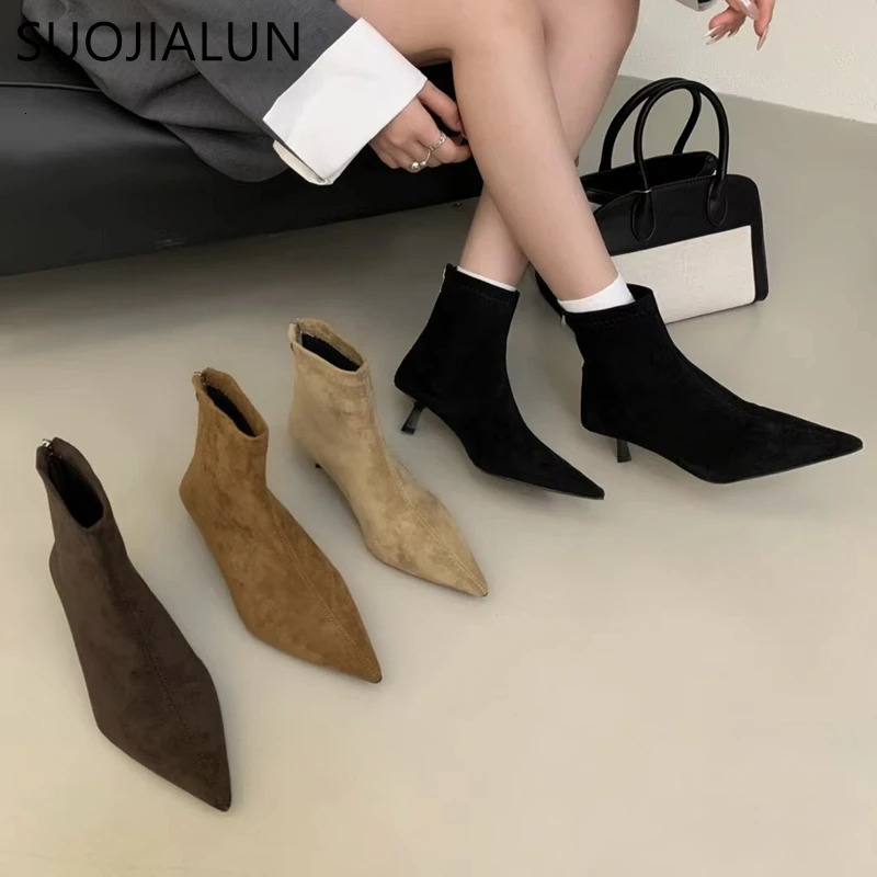 SUOJIALUN Winter Women Short Boots Fashion Pointed Toe Ladies Elegant Ankle Boots Thin High Heel Dress Pumps Shoe 251021