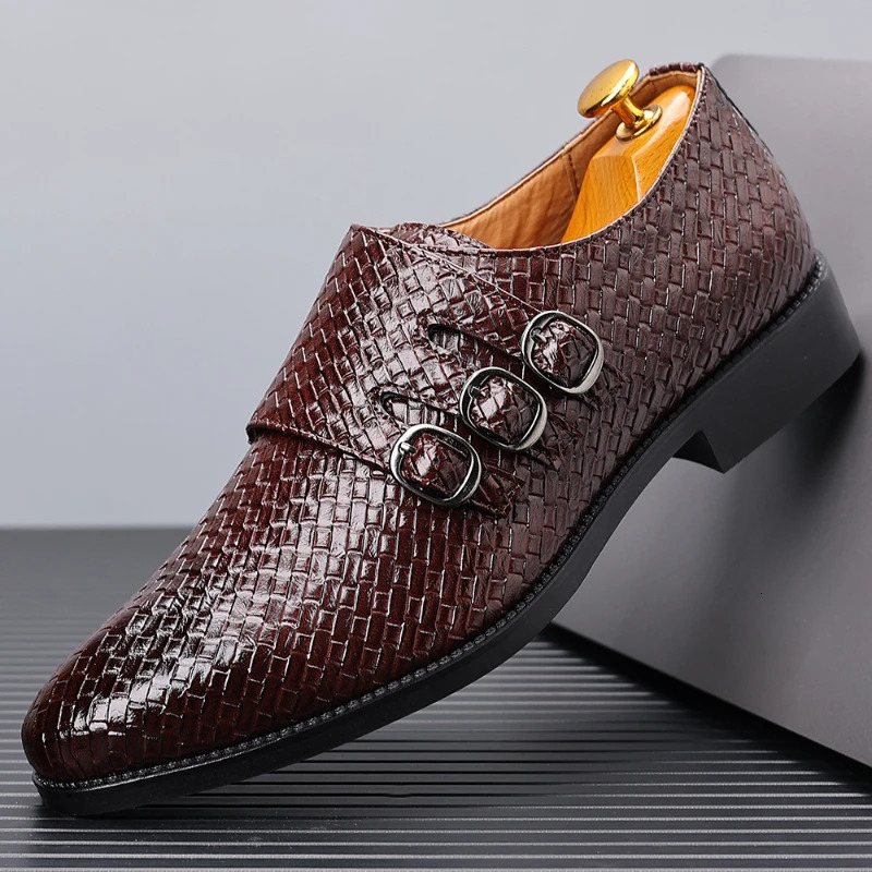Business Men Leather Shoes Pointed Toe Metal Buckle Men Dress Shoes Fashion Loafers High Quality Men Office Wedding Shoes 251021