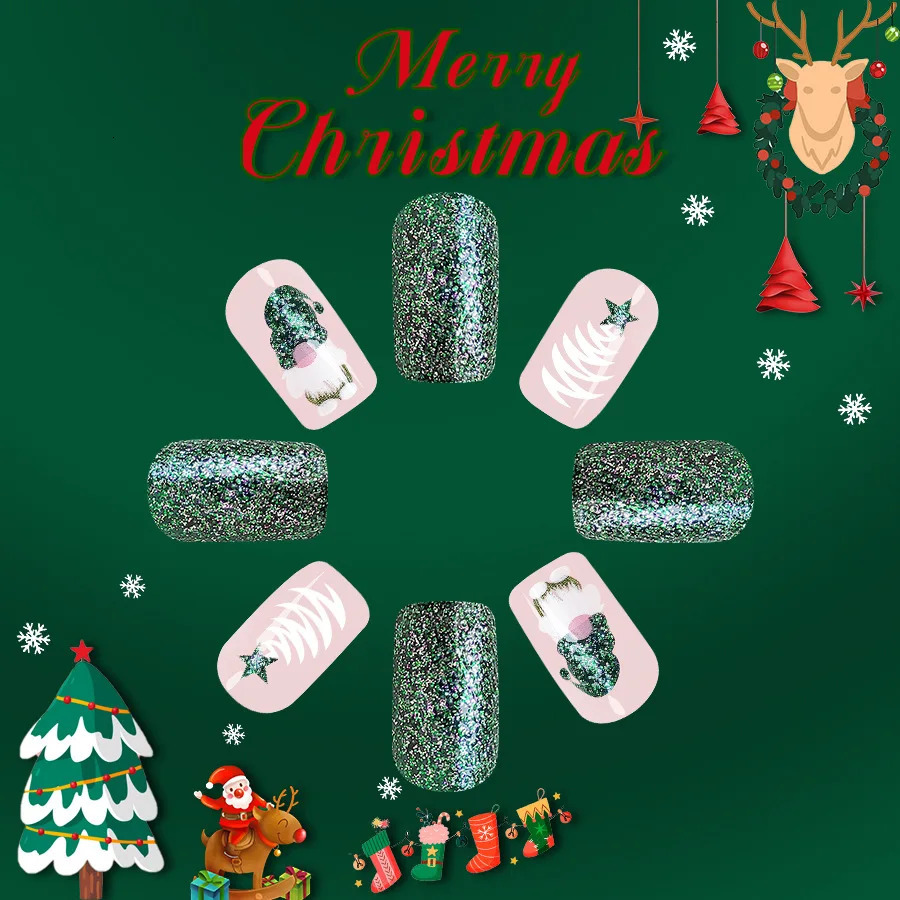 24Pcs Green Santa Press on Nails Short Glossy Square Full Cover Fake Nail Tips Christmas Tree with Glitter False Nail Festival 251014