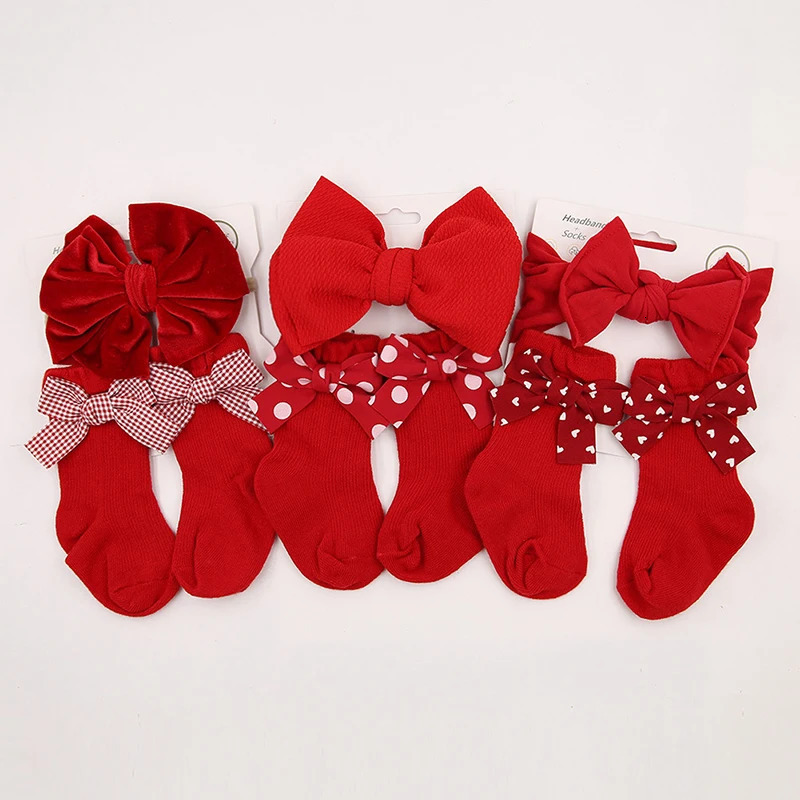 2Pcs Cute Baby Headbands Socks Red Christmas Hair Bands for Infant Short Sock Korean Dot Plaid Heart Print Bow Headwear 251021