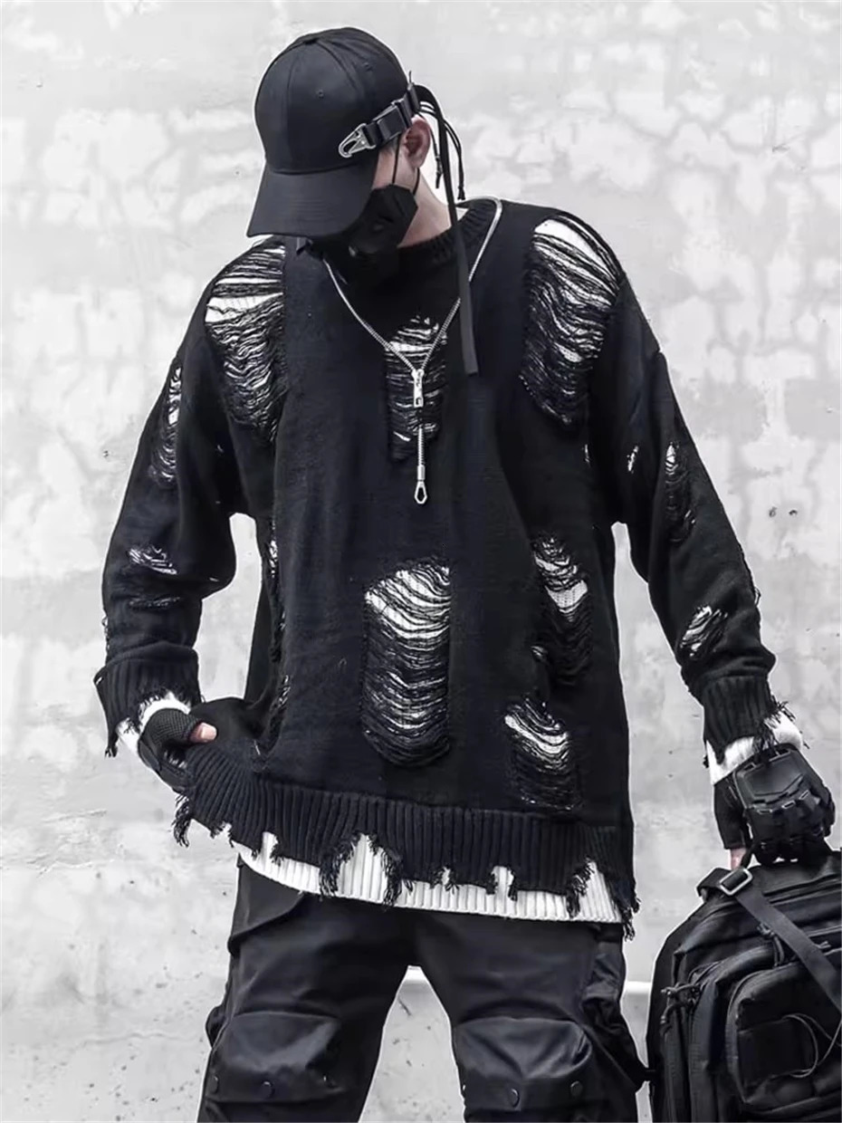 Mens Knitted Sweater Streetwear Hip Hop Punk Ripped Hole Pullover Men Oversized Harajuku Fake Two Pieces Casual Sweaters Male 251020