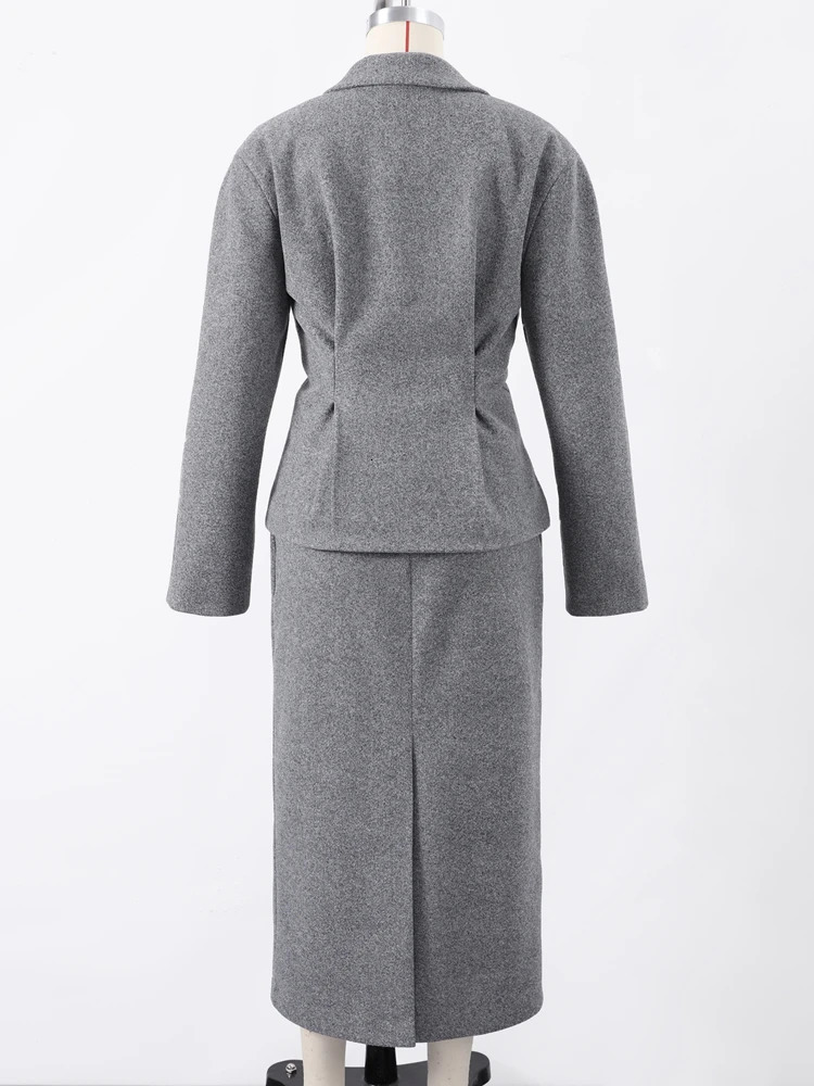 Casual Woolen Pleated Coat Skirts Sets Women Slim Long Sleeve Covered Button Jacket Hip Package Skirt 2025 Lady Office Outfits 251013