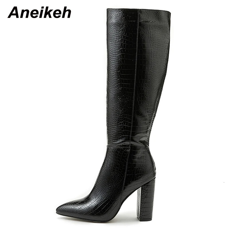Aneikeh Pointed Thick Heels Knee Long Boots Womens 2025 SpringAutumn Patent Leather Pattern Panel Side Zipper Boots 251021