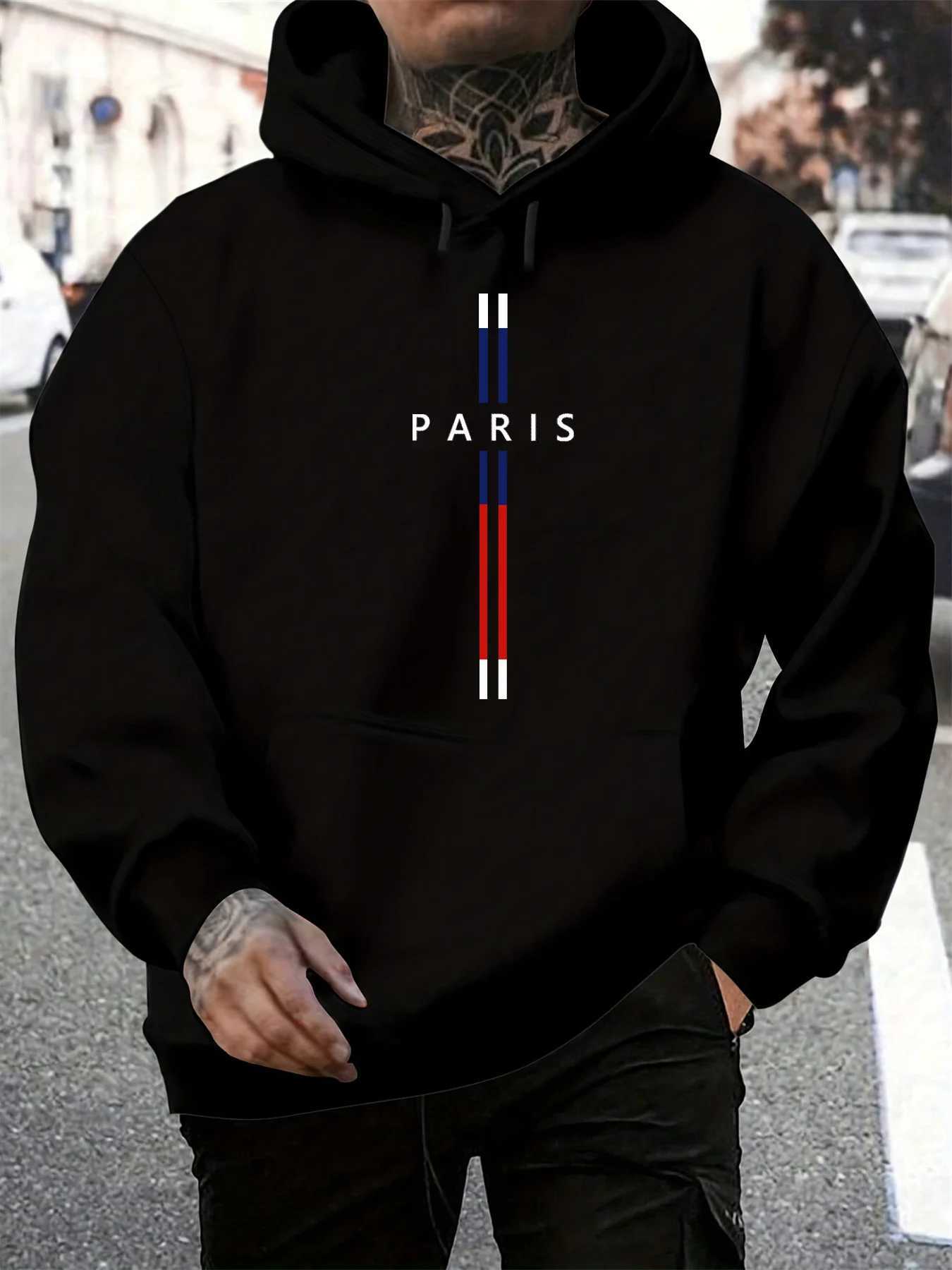 Mens autumn and winter casual fashionable loose hooded sweatshirt Paris letter printed long sleeved warm pullover W251021