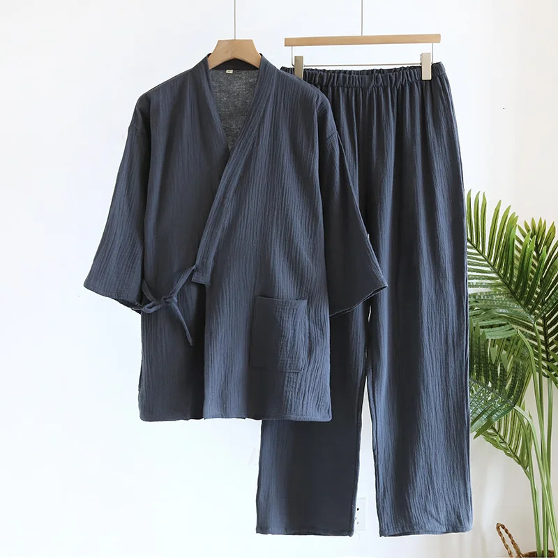 Large Size Kimono Robes with Pocket and Long Pants 2 Pcs Pajamas Set for Men Sleepwear Clothes Cotton Pjamas for Men 251021