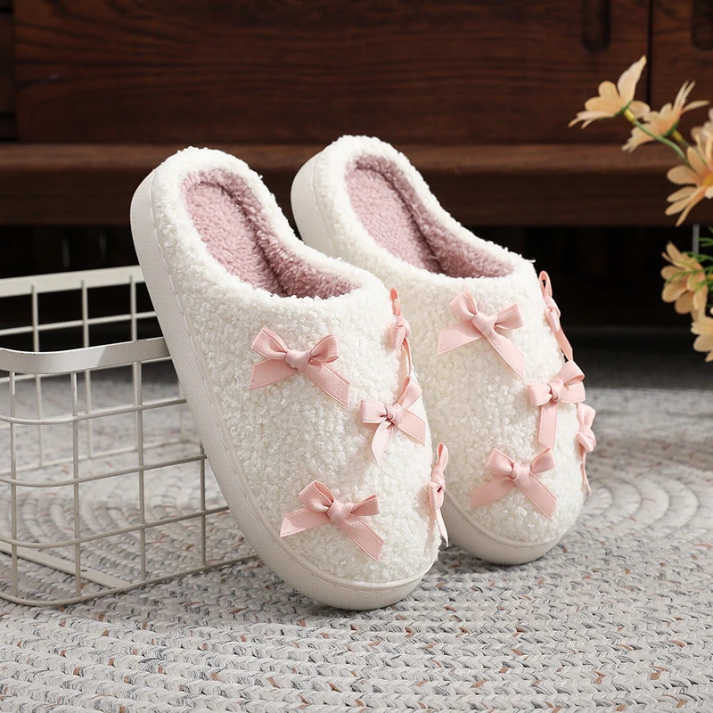 ins autumn and winter plush cotton slippers women warm indoor cute girl bow pink slippers 251021