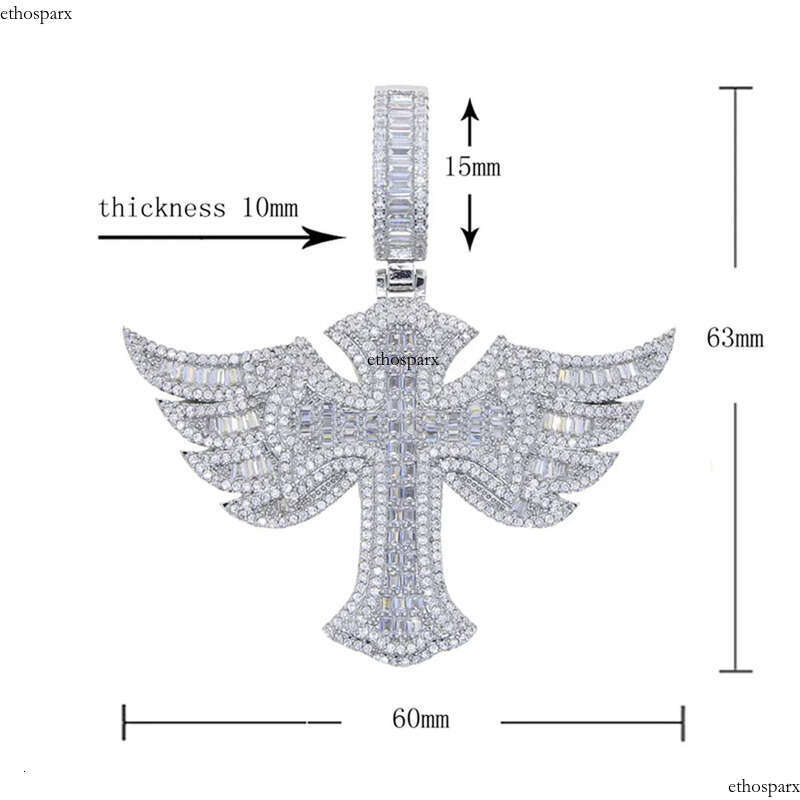 Hip Hop Wing Cross Pendant Necklace with Chain 5A Zircon White Gold Plated Religious Men Jewelry