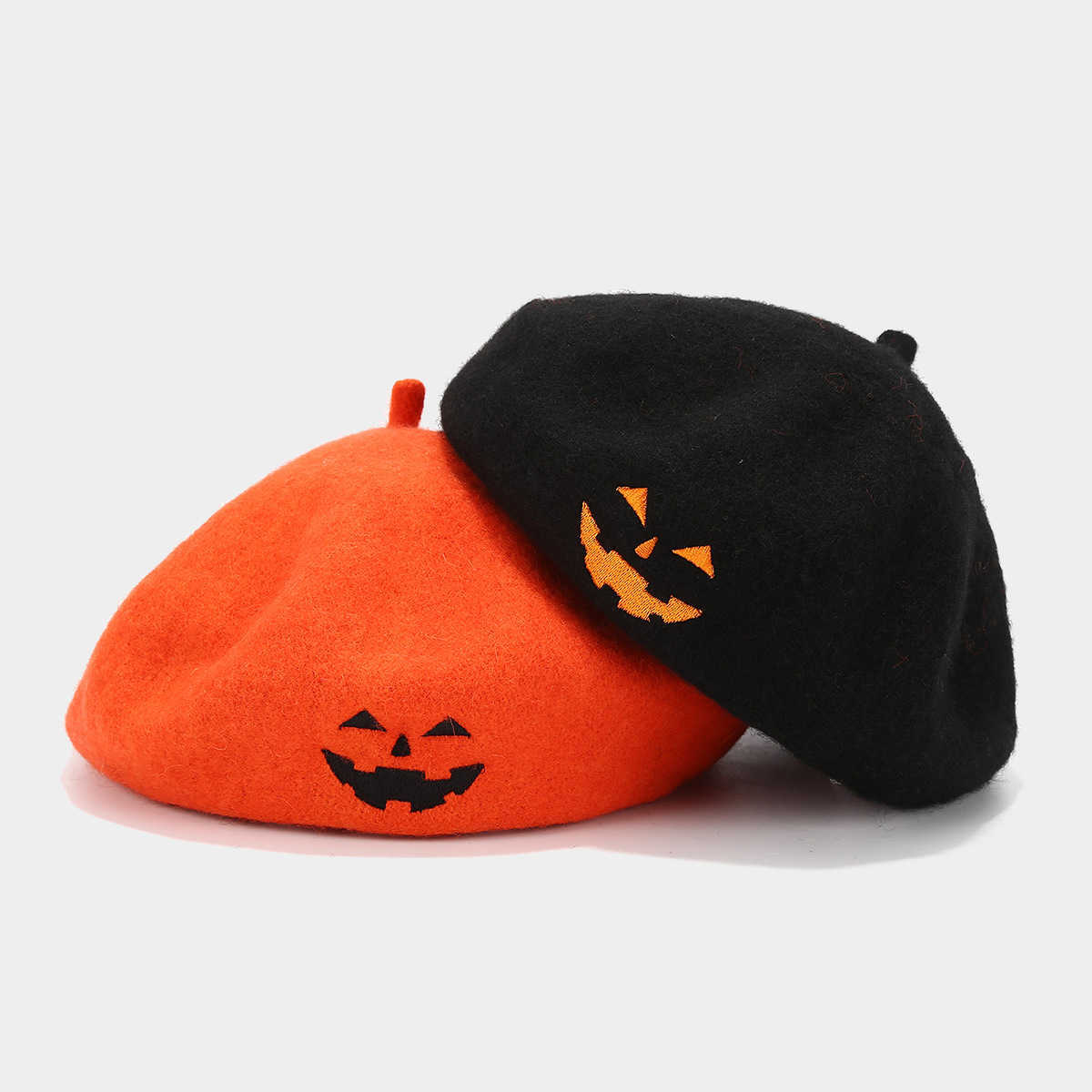 Skull Embroidery Halloween Hat for Women Trendy Personality Wool Beret Orange Pumpkin Hat H251020