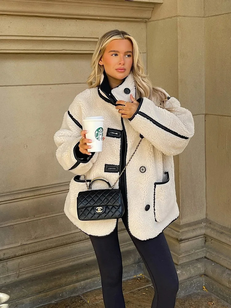 PBZA womens autumn and winter fleece jacket stand up collar single breasted loose warm teddy top 251021