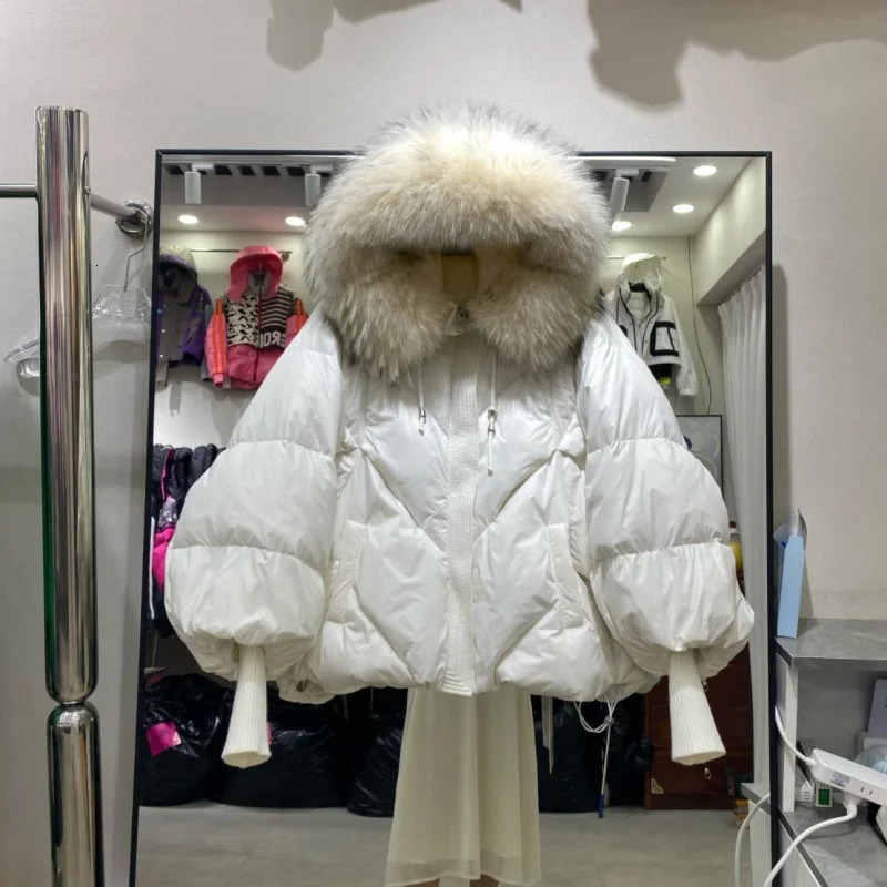Winter Raccoon Hair Collar Hooded Down Jacket High Quality Womens Fashion Casual Thick Warm Knitted Sleeves Goose Coat 251017
