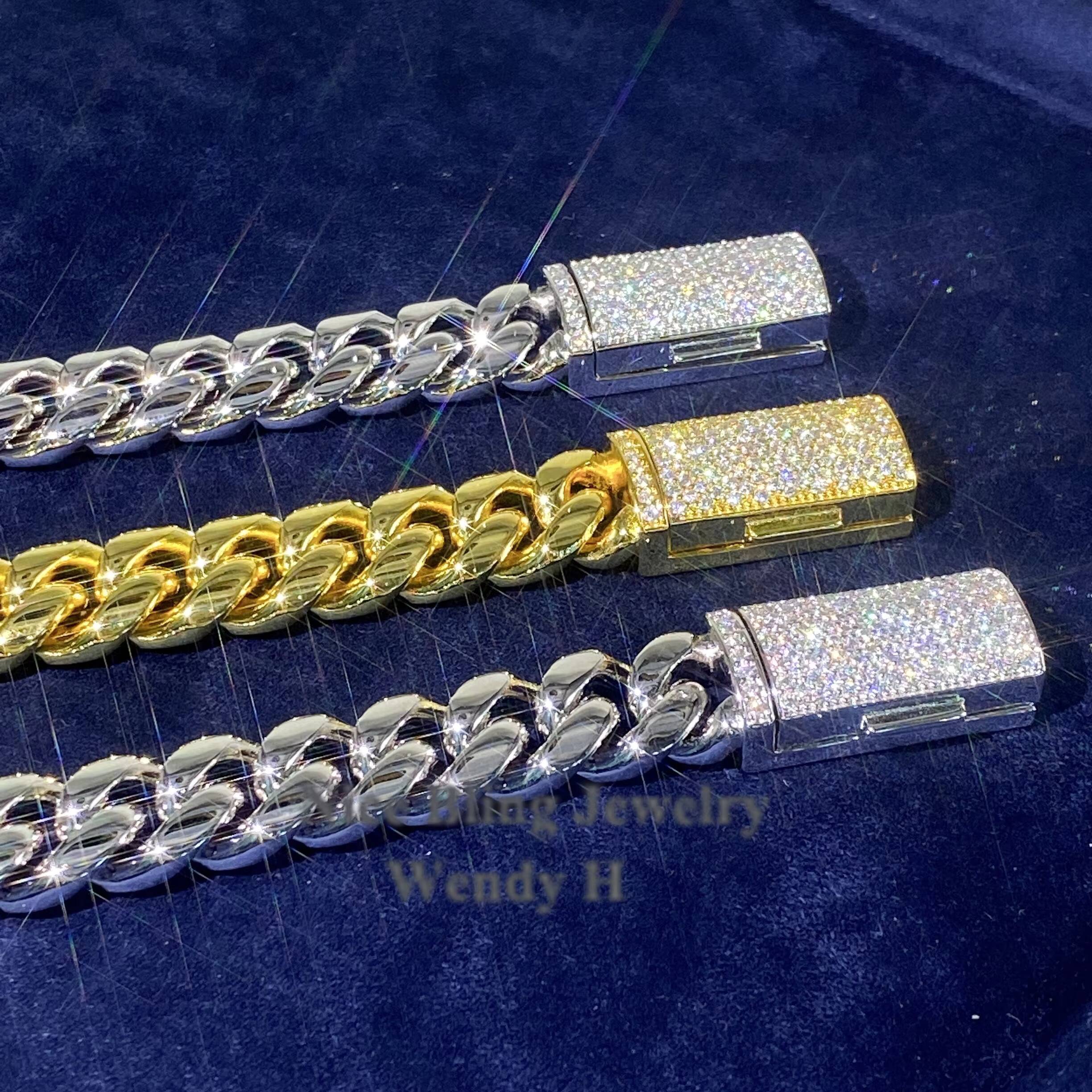 Hip Hop Iced Out Moissanite Diamond Clasp 8mm 10mm 12mm 14mm Stainless Steel Pvd Gold Plated Miami Cuban Link Chain