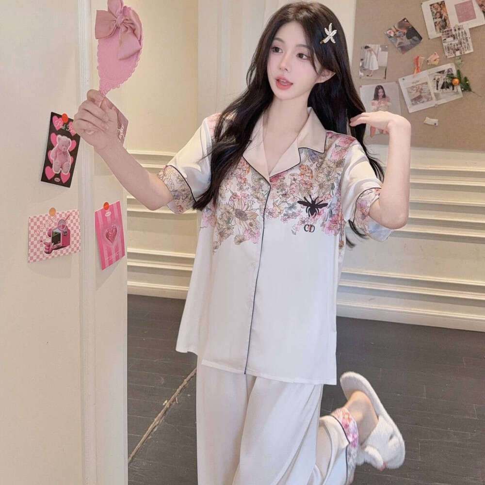 2025YD Home Wear New Ice Pajamas for Women Spring and Autumn Long Sleeve Silk Pink Little Bee Three-Piece Set
