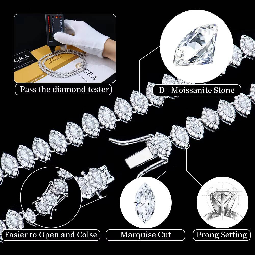 Big Size 4 Styles Iced Out HipHop Jewelry Square Marquise Clustered Moissanite Diamond Tennis Chain Bracelet Necklace Cuban Link