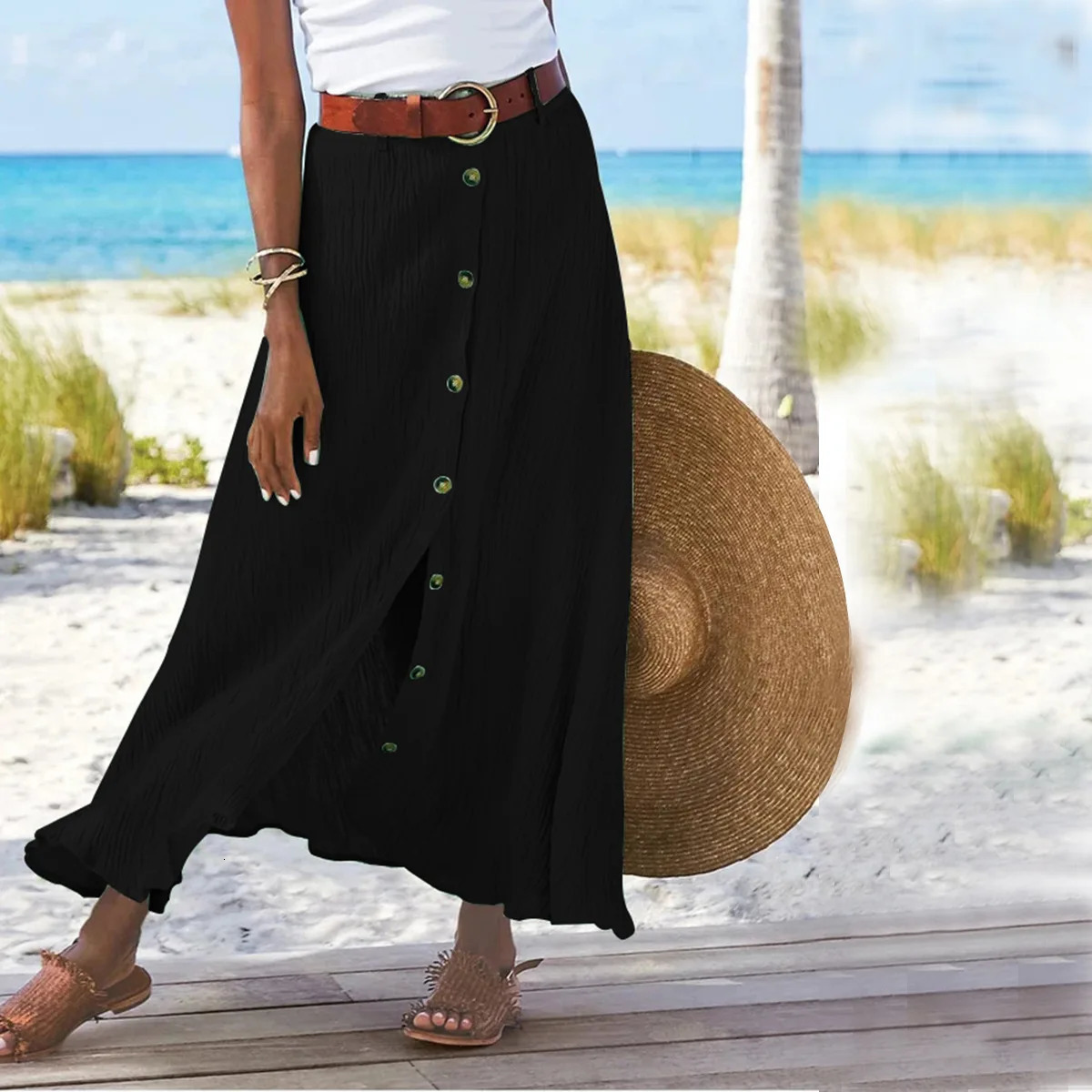Summer Fashion Button Solid Color Halfbody Skirt Halfbody Skirt Split Aline Package Hip Midwaist Long Skirt 251013