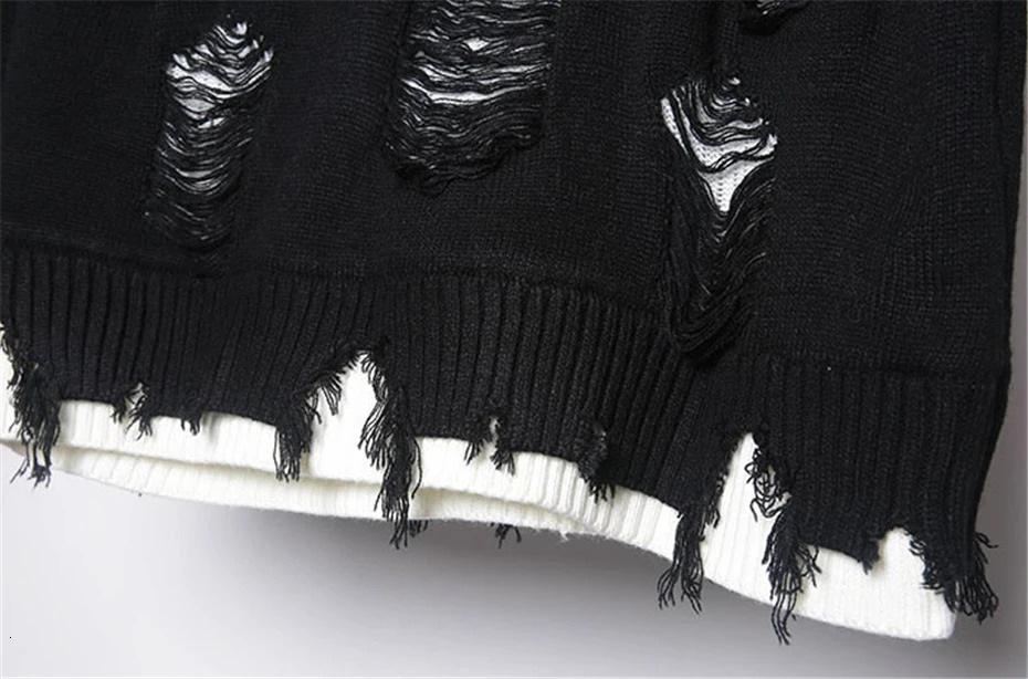 Mens Knitted Sweater Streetwear Hip Hop Punk Ripped Hole Pullover Men Oversized Harajuku Fake Two Pieces Casual Sweaters Male 251020