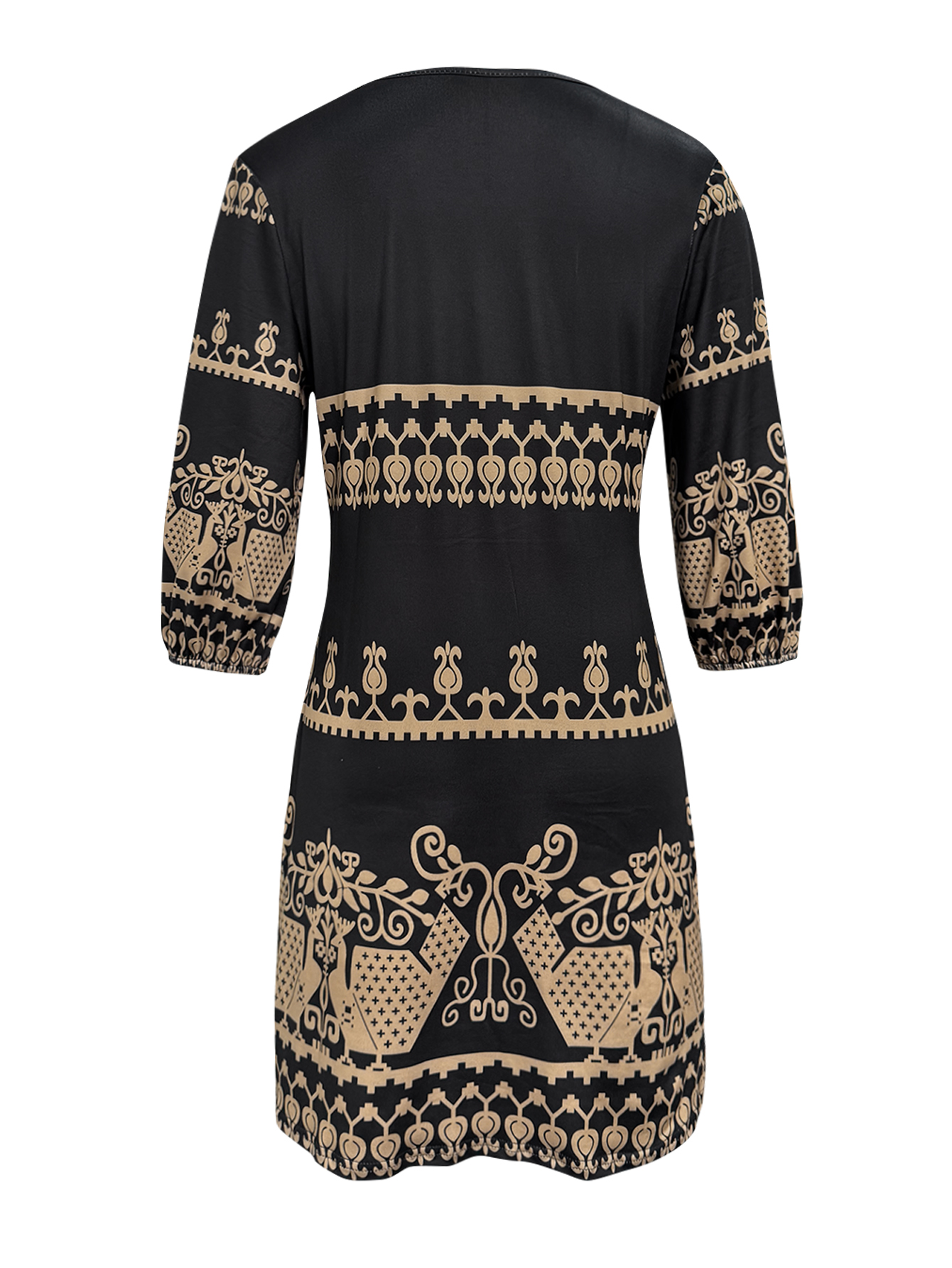 Women's Spring Summer Autumn New Ethnic Paisley Printed V-Neck 3/4 Sleeve Dress, Milk Silk Retro Elegant Office Casual Straight Dress-CF53957