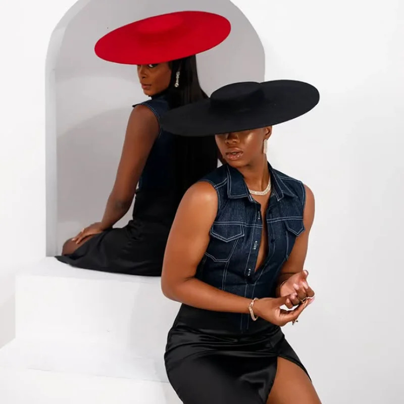 Black wheat wide brim wool flat top formal black ladies fedora stage performance felt hat winter bandage ladies fashion outdoor 251016