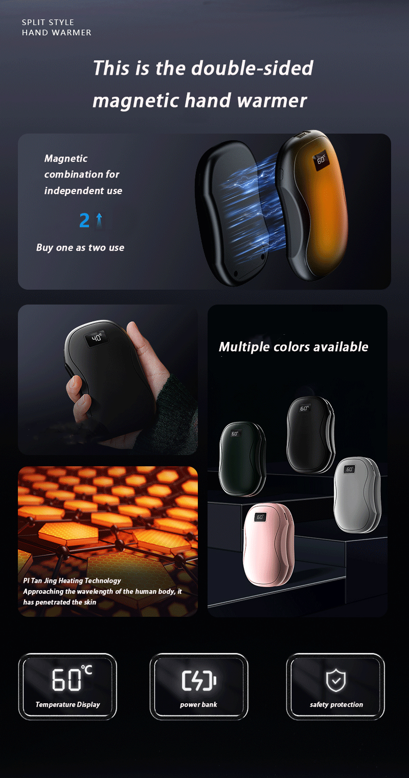 2025 Cross border New Magnetic Split Hand Warmer 2-in-1 Mini Digital USB Charging Hand Warmer The warmth and care palm of the throughout the day