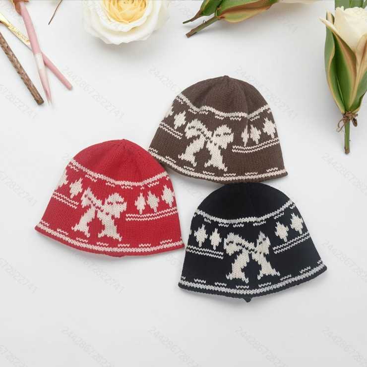 Knitted Hat for Women with Bowknot Jacquard Wool Hat Fleecelined Thickened Warm Cold Hat Head Wrap Hat H251020