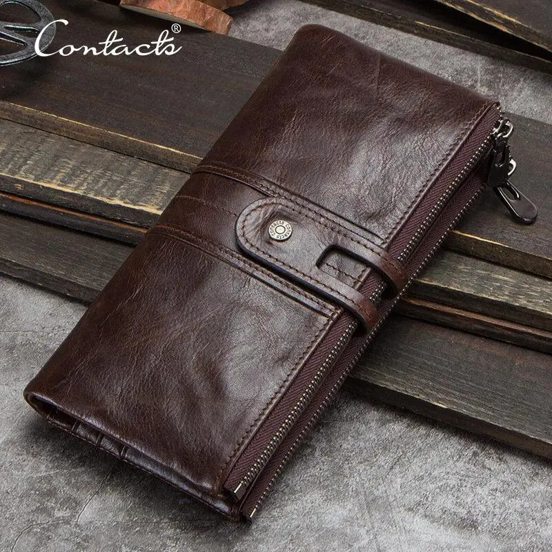 CONTACTS Men Clutch Wallet Genuine Leather Long Wallet Hasp Card Holder Vintage Male Zipper Coin Purse Money Bag Portemonnee 251013