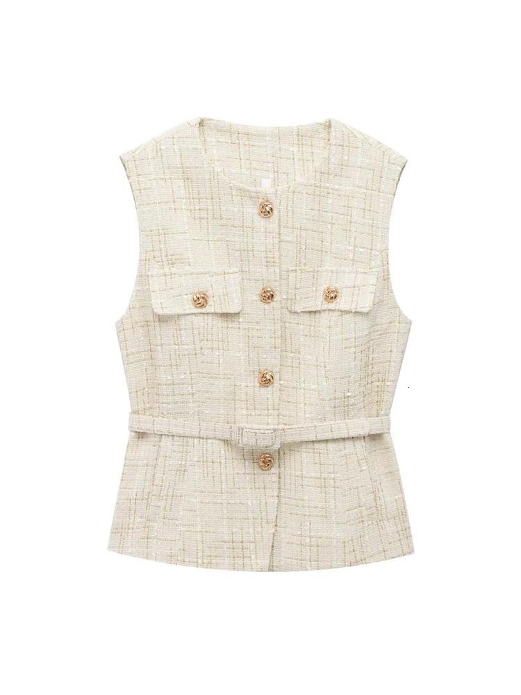 Womens Tweed Waistcoat with Belt O Neck Sleeveless Front Button Female Outerwear Chic Tops Fashion 251021