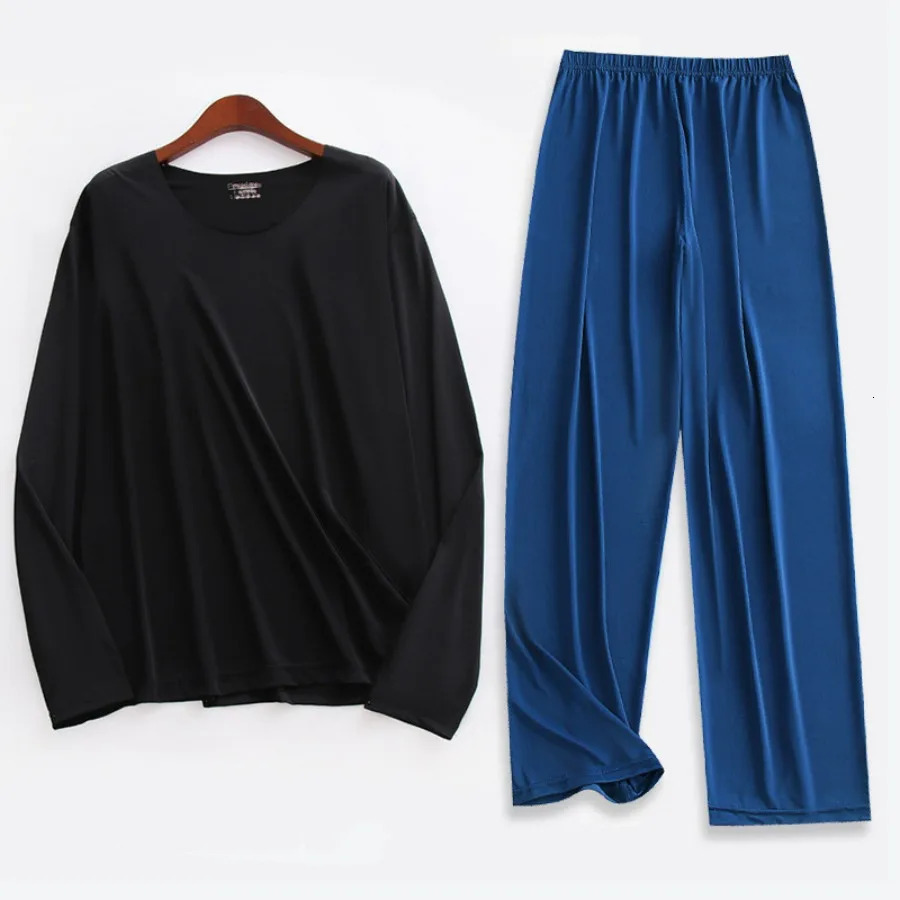 Plus Size 5XL Men Ice Silk Pajama Set Solid Long Sleeve Tops and Pants Sleepwear 2pcs Sets Soft Comfy Lounge Home Nightwear Male 251021