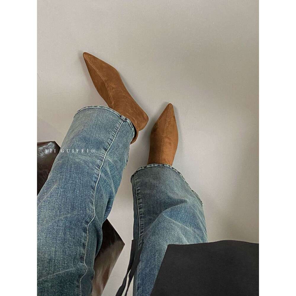 Autumn Winter Soft Sole Elastic Slim Pointed Toe Stiletto Women Short Small Heel Versatile Black Suede Designer Shoe Single Boots