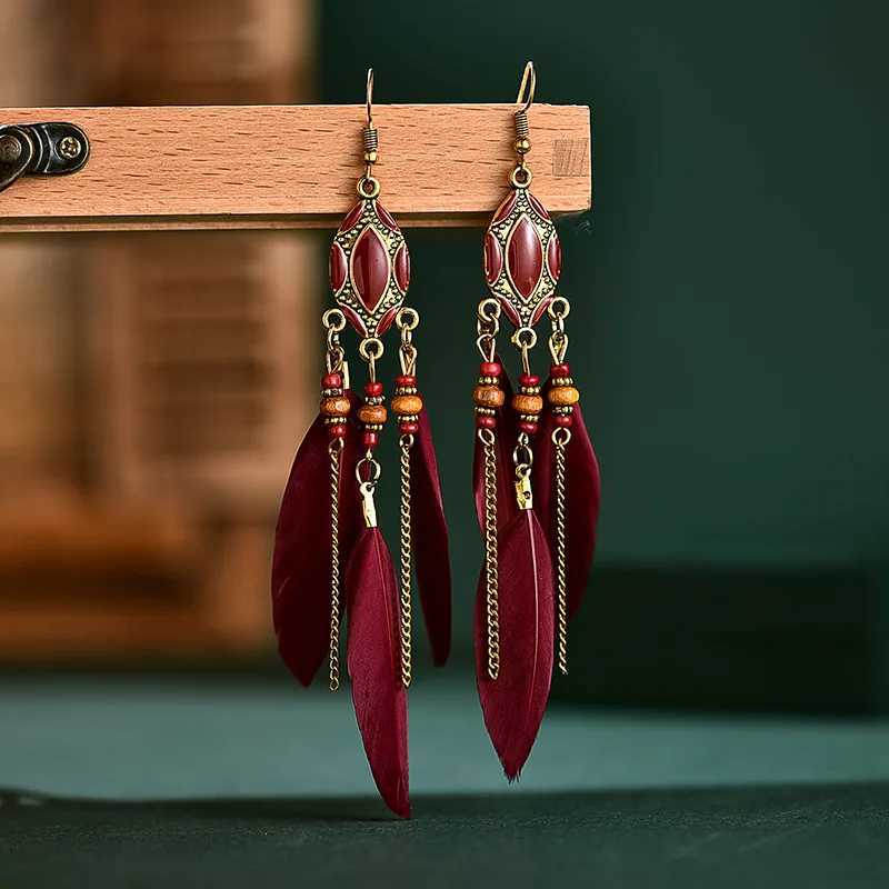 New Ethnic Long Feather Dangle Earrings For Women Bohemian Tassel Beads Handmade Enamel Earrings Girl Bride Wedding Jewelry J251021