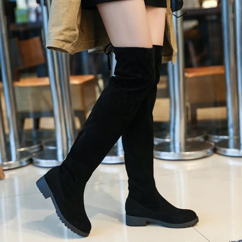 2025 Faux Suede Female Heels Autumn Winter Elastic Kneehigh Boots for Women Tube Laceup Thigh Boots Black Botas 251021