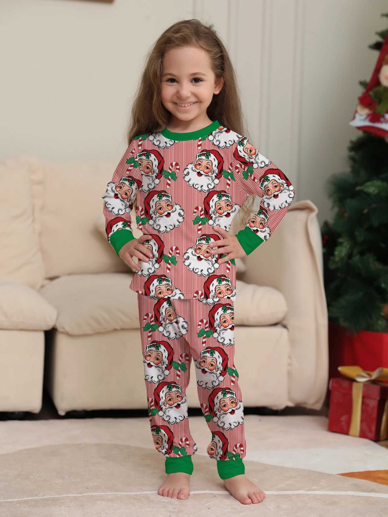 Parent Child Christmas Pajamas Set Pink White Stripe Santa Claus Green Trim Prints L251021LGBL
